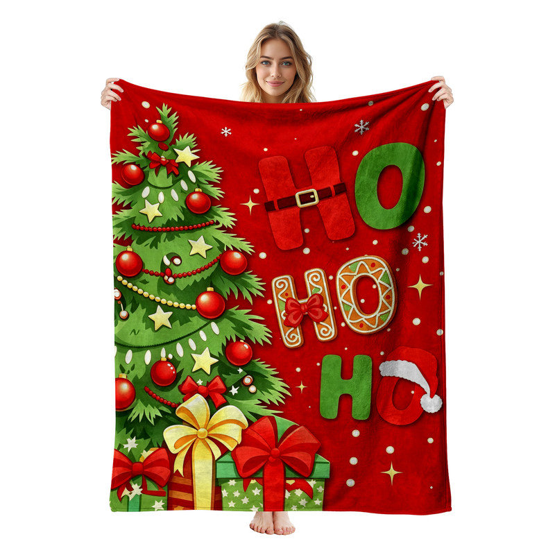 Plaid de Noël en flanelle polaire JYK, léger, respirant, doux et chaud en microfibre pelucheuse, 127 x 152 cm, motif sapin Ho Ho