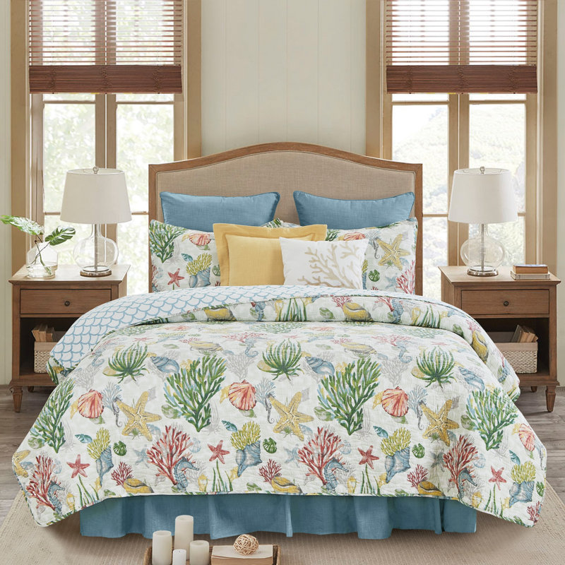 Ensemble de courtepointe réversible 100% coton Shellwood, Courtepointe très grand et 2 très grandes taies