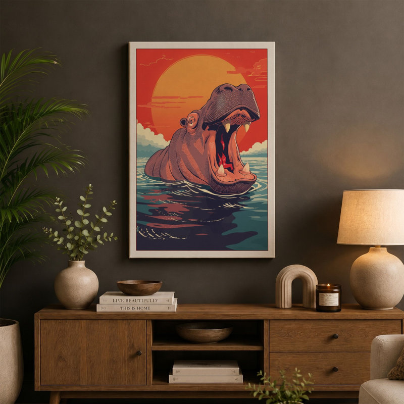 Hippopotamus Rising Retro - Wrapped Canvas, 24x16 - 61.0 x 40.6 cm, Terracotta Border
