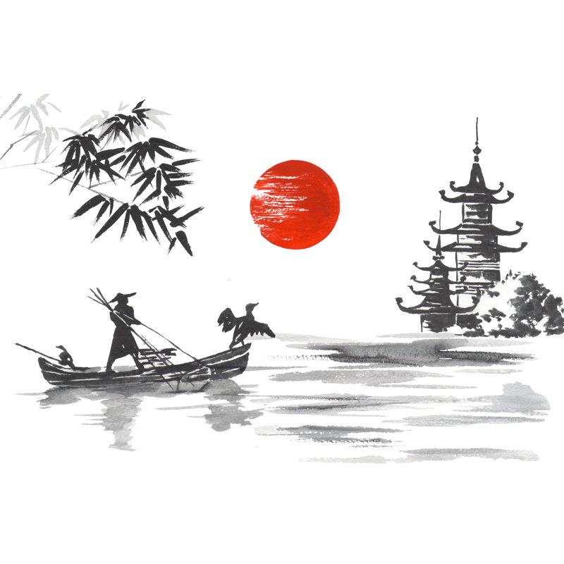 Sumi-E Art Man With Boat - Wrapped Canvas Print, 51cm H x 76cm W x 3.8cm D
