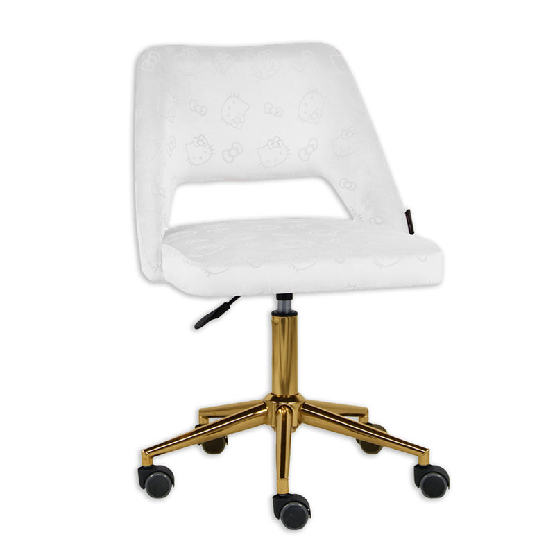 Moneik Hello Kitty Velvet Makeup Vanity Chair 360 Degrees Swivel Cute Desk Chair Wheels Golden Base, White Velvet