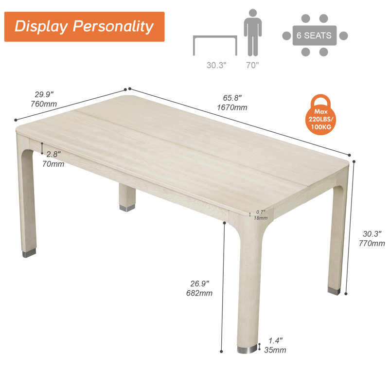 66" Rectangular Dining Table With Solid Wood Legs