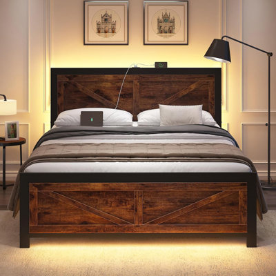 Full Size Platform Bed Frame with LED Lights, USB Charging, and Farmhouse Barn Door Headboard, Strong Metal Slats Support, Noise Free, No Box Spring Needed, Brown