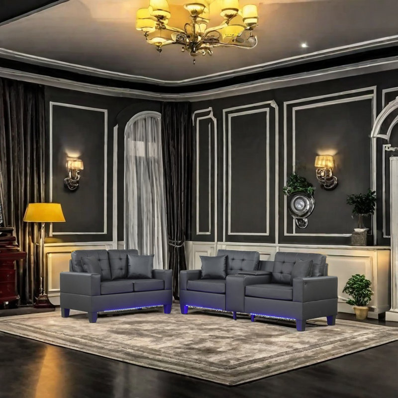 Ensemble de canapé à DEL avec port de charge USB, console de rangement, porte-gobelets et coussins capitonnés pour salon moderne