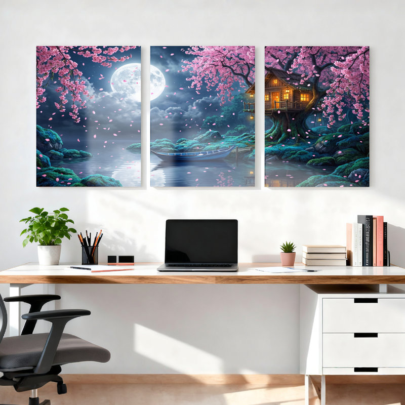 Ensemble de 3 toiles murales « Paysage de cerisiers en fleurs au clair de lune » pour salon, chambre et décoration intérieure