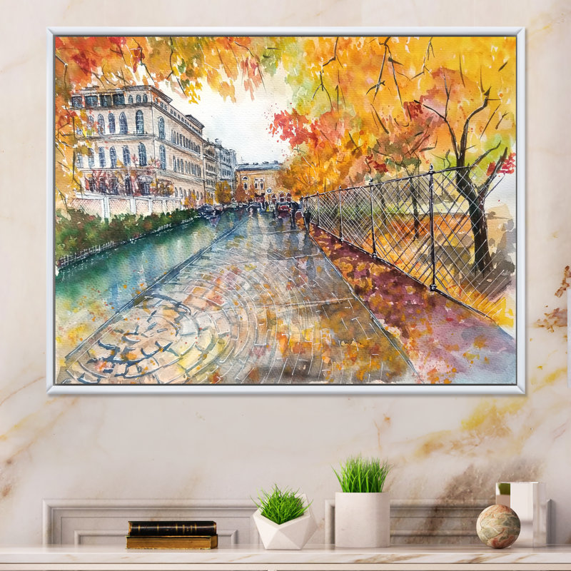 Paysage urbain en automne par un jour de pluie - Art sur toile moderne et contemporain, H 8 po x l 12 po x P 1,5 po