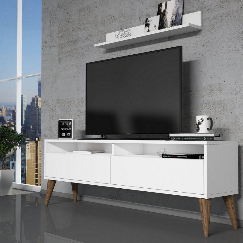 Modern White TV Unit with Wall Shelf, 59.1 x 19.7 x 11.8 Inches | 100% Melamine Coated Particle Board, Thickness: 0.7 Inches | Multiple Shelves, Wall-Mountable, Stylish Design for Living Room & Entertainment Spaces