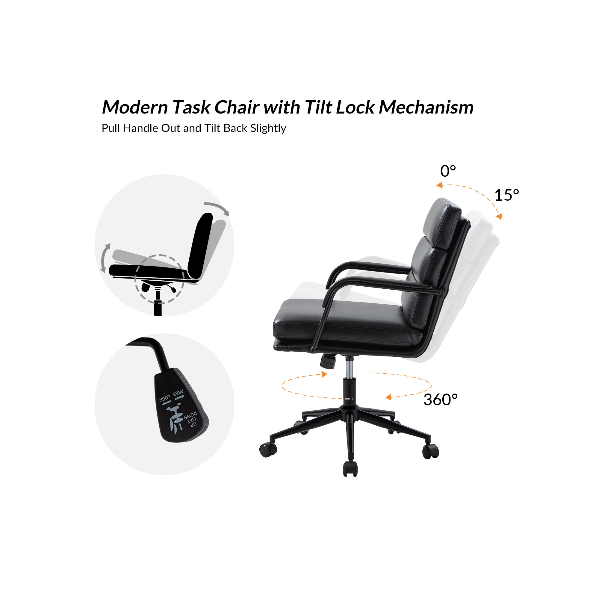 Anagrace Leather Upholstered Swivel Tilt Task Office Chair, Black Pebbled Faux Leather