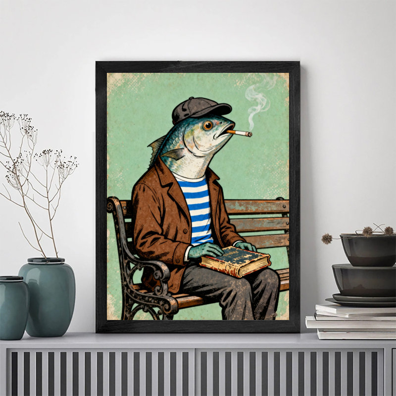 Black Framed Vintage Happy Funny Mr. Fish Head who smokes Wall Art Retro Style Framed Prints, 25" H x 17" W