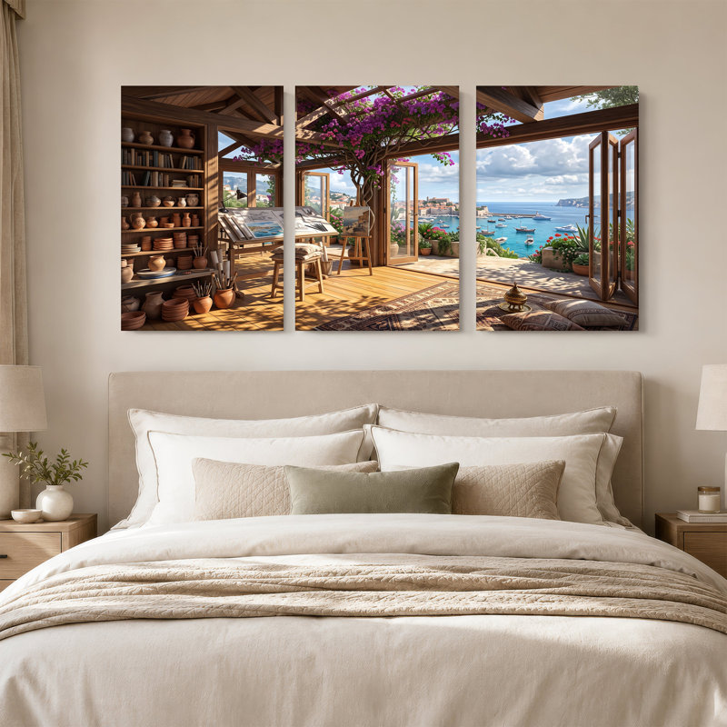Studio en bois surplombant une ville côtière avec fleurs mauves, ensemble de 3 toiles, 30"H x 20"W x 3pcs