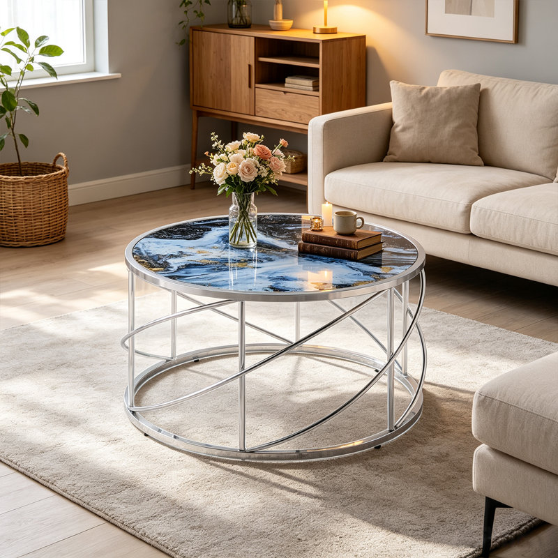 Table basse ronde minimaliste moderne avec plateau en verre à motif de marbre bleu