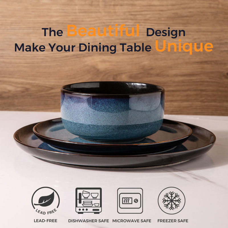 Blue Ceramic Reactive Glaze Dinnerware Set for 4