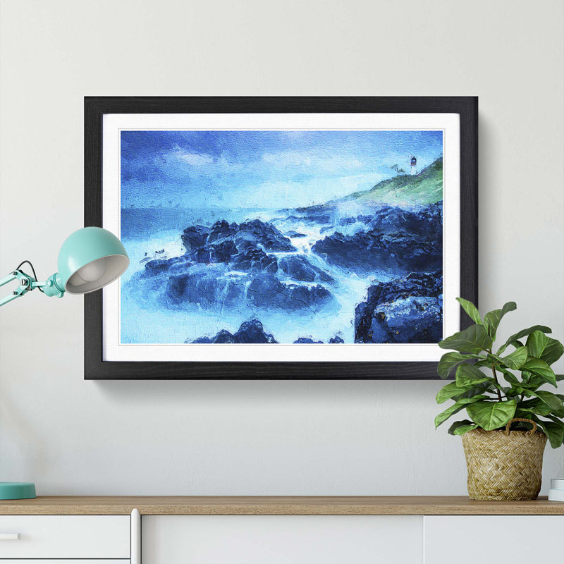 Lighthouse on a Hill with Seascape - Picture Frame Painting Print, Black Framed, 36cm H x 48cm W x 2cm D