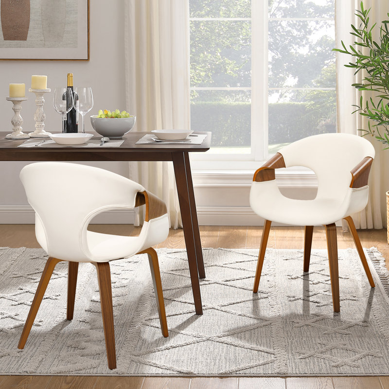 Bocea 17.32'' H Swivel Faux Leather Upholstery Dining Armchairs (Set of 2), Off-White, Brown