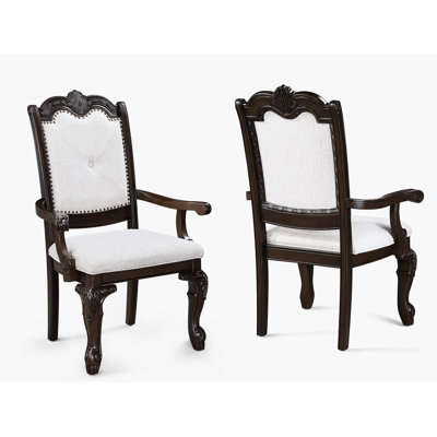2 Arm Chairs In Traditional Style For Dining Spaces, Solid Wood With Rich Coffee Brown, Back, Beige Fabric Upholstery And Fine Detailing Room Chairs, Brown Finish, Detailed Frames