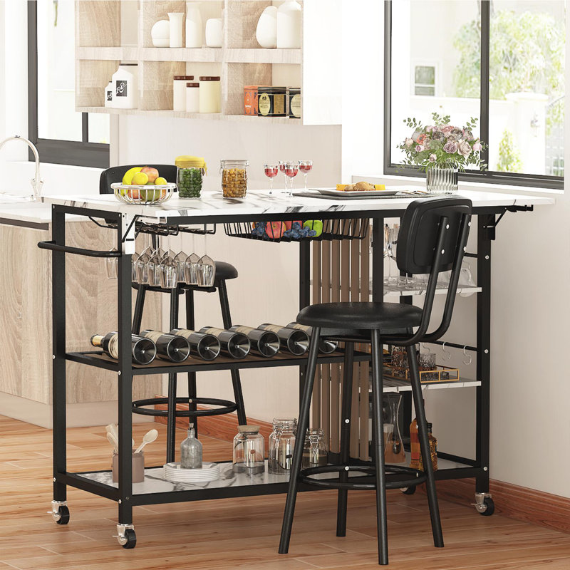 3-Piece Dining Table Set For Kitchen Breakfast Nook, Bar Table Set With Storage And Wine Shelves, With Counter Height Faux Marble Table And 2 Stools, Space Saving Bar Table And Chairs Set For Dining Room