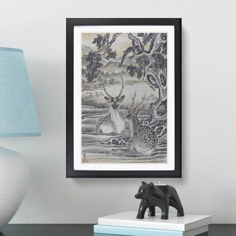 Deer Below the Monkeys by Kawanabe Kyosai - Picture Frame Painting Print, 48cm H x 36cm W x 2cm D, Black Framed