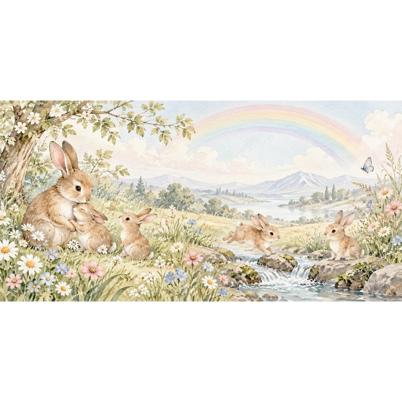 Rainbow Meadow Wallpaper Mural, Peel and Stick Kids Room Wall Mural, Watercolor Bunny Garden Nursery Wallpaper, 152 x 102 cm