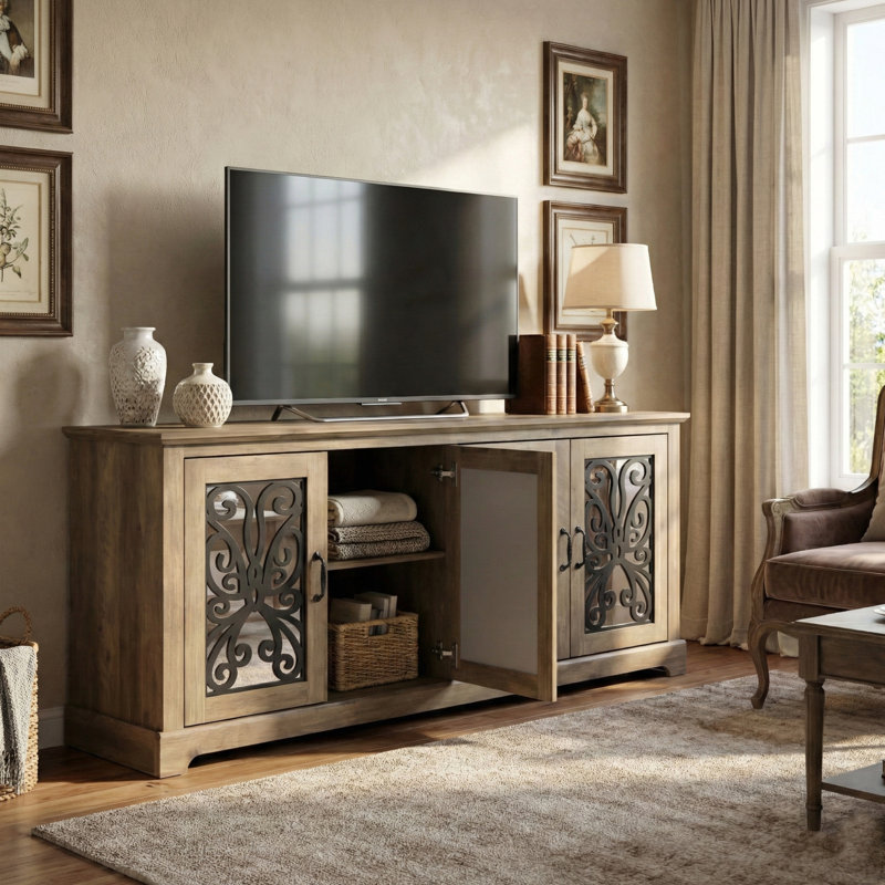 Ariba Traditional Mirrored Door TV Stand with Storage for 75" TVs, Knotty Oak