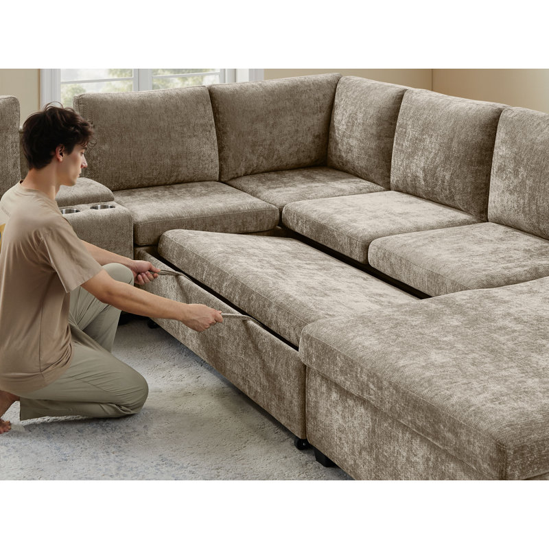 Pull-Out Sofa With Storage Chaise, Upholstered Couch With Console, Camel Chenille