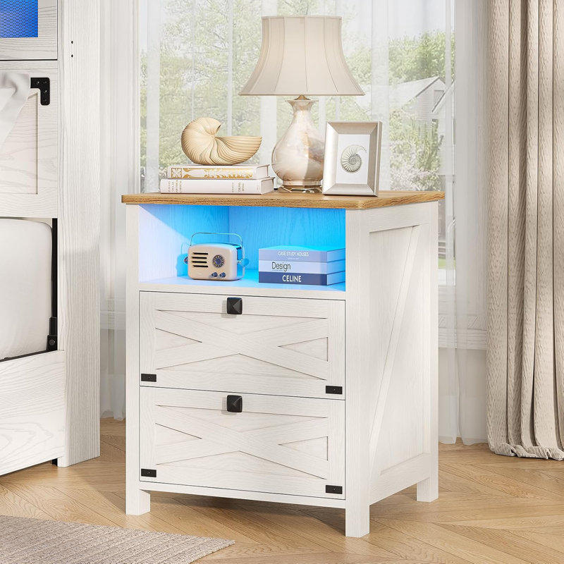 Table de chevet pour chambre à coucher avec station de charge et lumière DEL, table de chevet avec 2 tiroirs et rangement ouvert, blanc rétro rustique