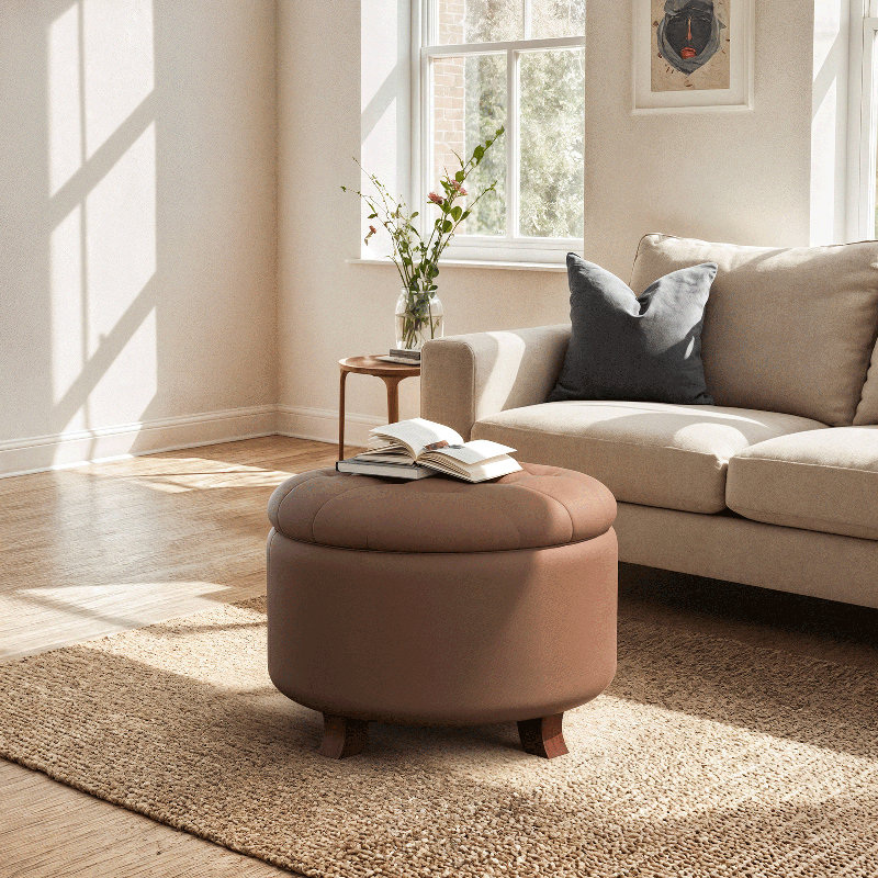 Storage Ottoman With Padded Seat, Modern PU Leather Footrest, Round Stool For Living Room Bedroom, Brown