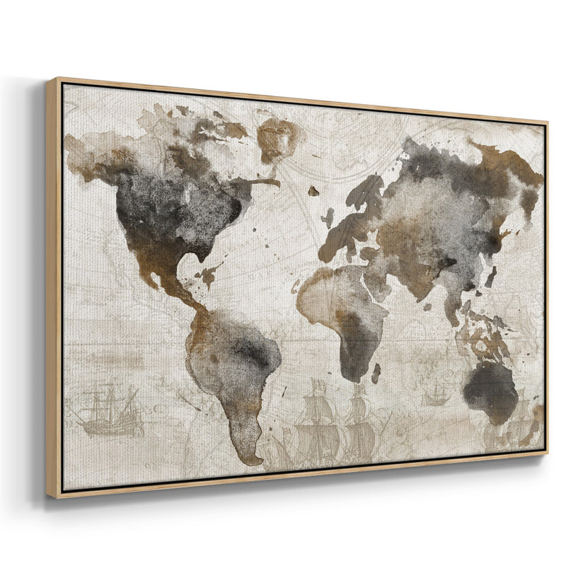Carte antique encadrée sur toile, H 17 po x l 25 po x P 2 po, Bois naturel