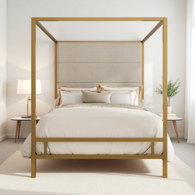 Retro Canopy Bed, Metal Canopy Bed with Upholstered Headboard, Box Spring Needed