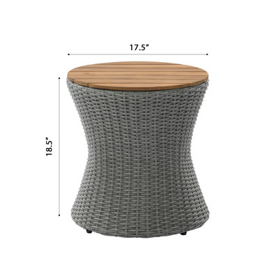 Azure Modern Coastal 17.5" Round Patio End Table with Wood Top & PE Wicker Hourglass Base