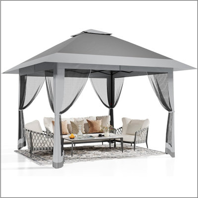Tente de jardin escamotable 13X13, auvent extérieur avec moustiquaire, [Hauteur réglable et spacieuse] Tente escamotable avec double toit, pavillon de jardin extérieur résistant aux rayons UV pour la cour, le patio, la pelouse, le jardin, la terrasse 