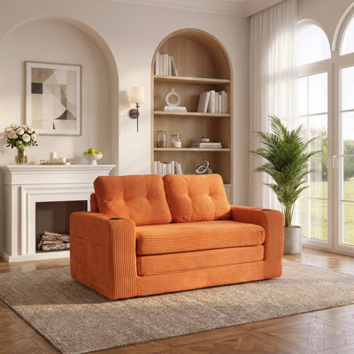 Retro 2-in-1 Convertible Sofa Bed with Cup Holders and Storage, Expandable Floor Couch