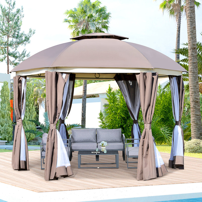 Brown 12' X Gazebo - Double Roof, Strong Frame. Ideal For Poolside, Patio, Garden Use. Netting Sidewalls, Privacy Curtains, Zipper Access Round, Roof. Steel Frame Outdoor Spaces. Zippered Doorway
