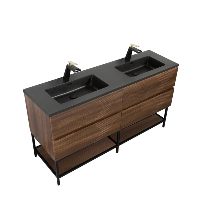Abrem 60 po L x 19 po P 4 tiroirs Meuble-lavabo autoportant avec évier double et Comptoir en Quartz noir d'ingénierie