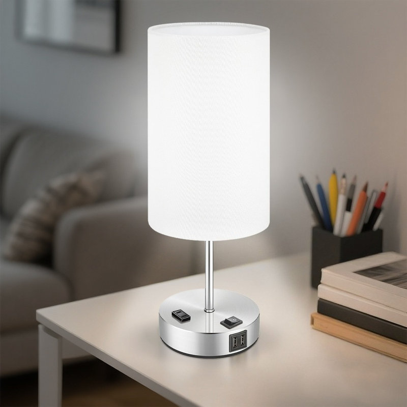 Lampe de table à bouton, lampe de chevet à intensité variable à 3 voies avec USB-A, USB-C et prise de courant CA, abat-jour en tissu, ampoule incluse, blanc, paquet de 1