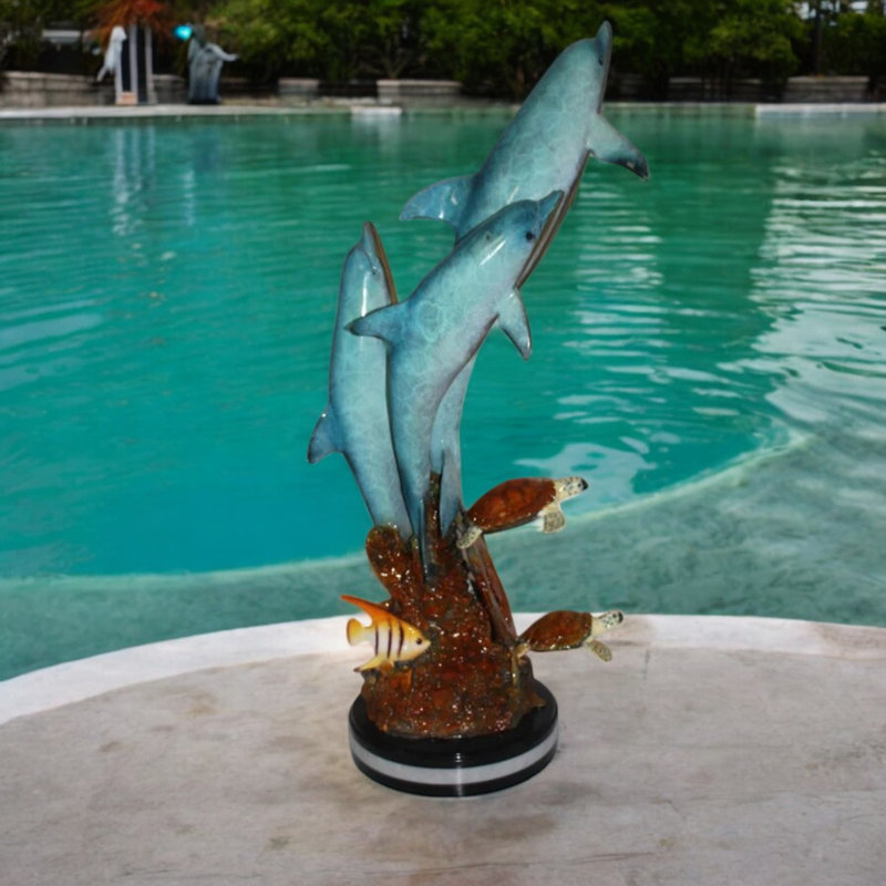 Trois dauphins avec tortues et poissons, statue de jardin en bronze, système de décoration de l'océan, L 16 po x l 16 po x 40 po