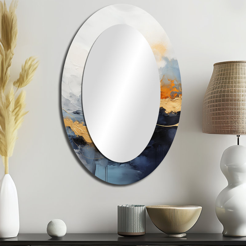 Peinture fluide bleue et jaune - Miroir décoratif abstrait ovale sur métal, 36 po x 24 po