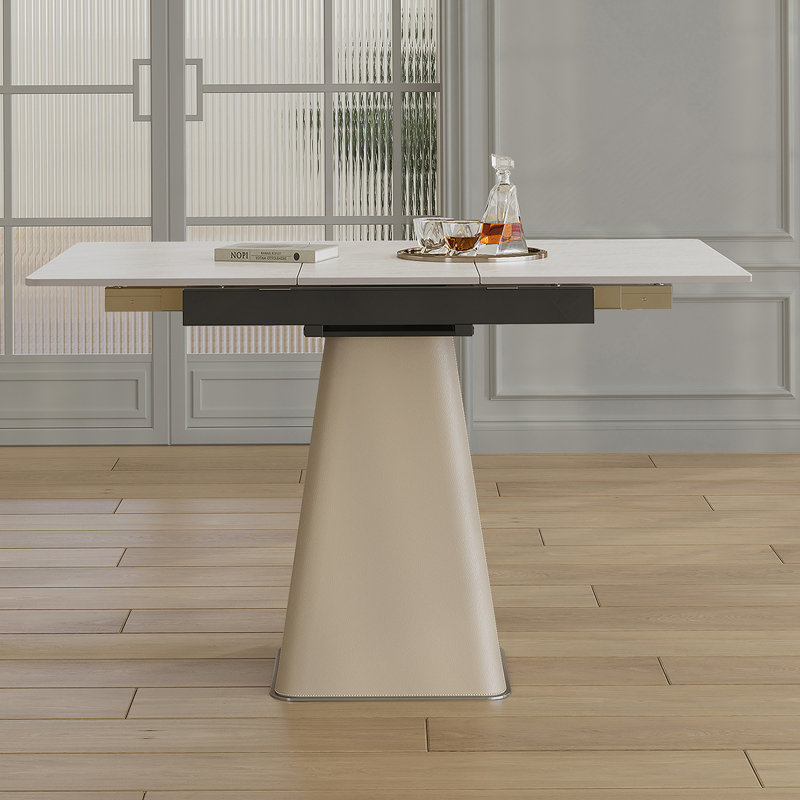 Table de salle à manger rétractable à dalle de roche pliante, table carrée extensible moderne avec base en acier inoxydable revêtue de cuir, table de cuisine à double usage pour les petits appartements