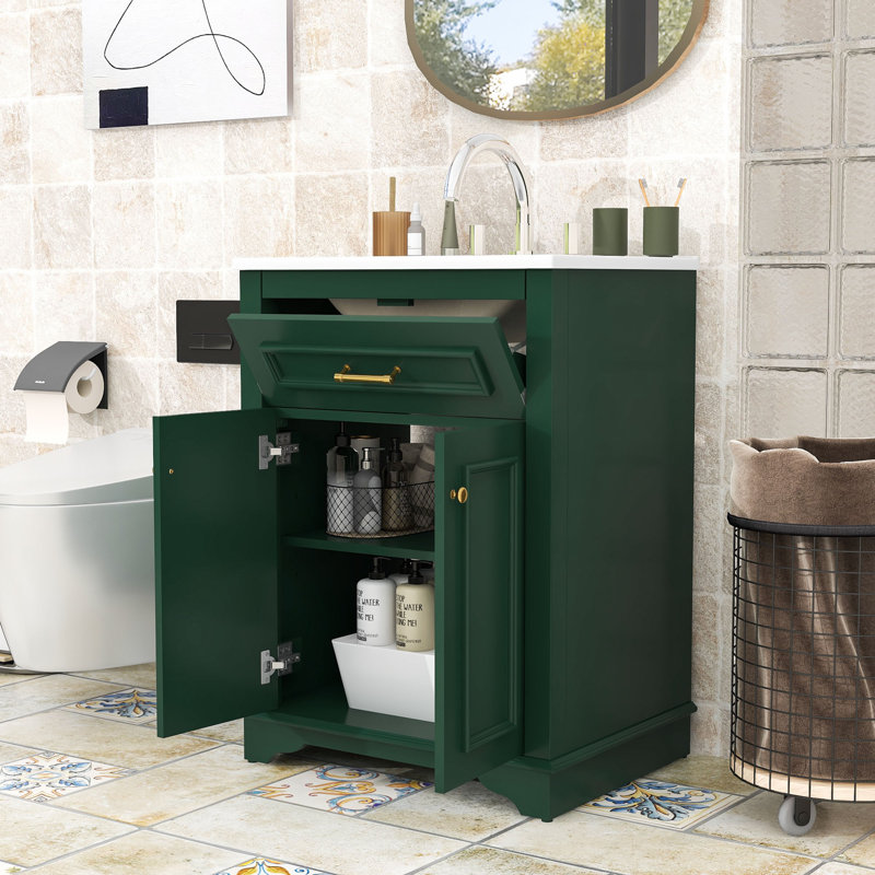 Meuble-lavabo élégant avec lavabo en céramique, tiroir basculant, portes à fermeture en douceur et tablette réglable, Vert