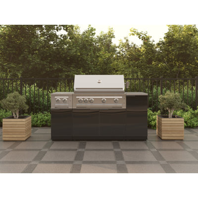 Ensemble d'armoires pour l'extérieur en aluminium noir 6 pièces avec 3 tiroirs, armoire de barbecue, gril au gaz naturel 33 po, brûleur latéral et plateau en acier inoxydable de 16 po