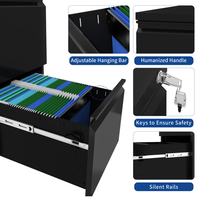 Black Steel 2-Drawer Lockable Mobile Vertical File Cabinet