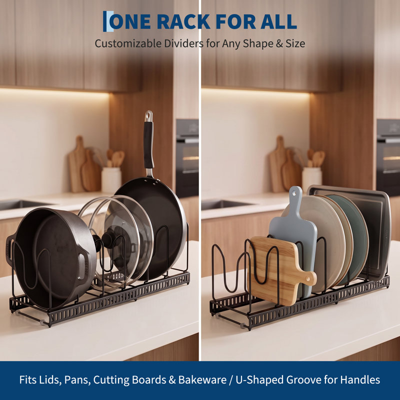 Couvercle de pot de cuisine télescopique pour cuisine, organisateur extensible en acier au carbone noir, support de rangement de comptoir pour casseroles et poêles