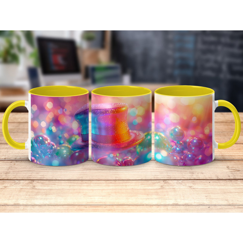 3D Design 11oz Accent Mugs – Ceramic Coffee Cup with a Yellow Handle and Interior