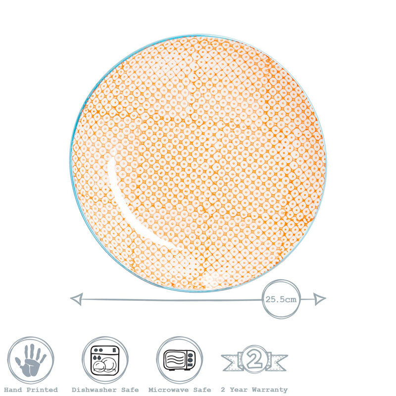 Nicola Spring Hand-Printed Dinner Plates - 25.5cm - Orange - Pack of 6