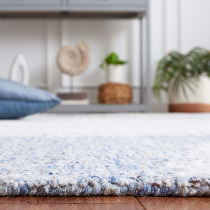Tapis ivoire / bleu en laine et coton touffetés à la main ébène, Tapis de couloir 2 pi 3 po x 9 pi