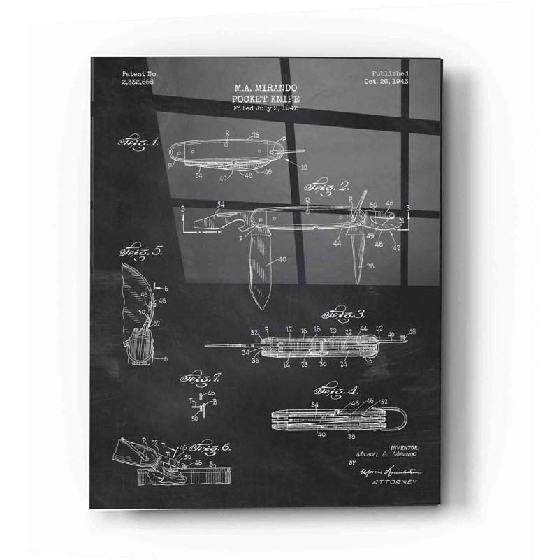«Pocket Knife Blueprint Vernis Chalkboard», art mural en verre acrylique, H 24 po x l 16 po x P 0,12 po