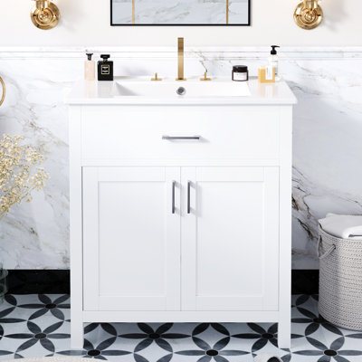 Meuble-lavabo de 30 po avec lavabo en céramique - bois massif +, rangement spacieux, charnières à fermeture en douceur pour un évier d'armoire blanc silencieux de 30 po, intérieur spacieux, look moderne