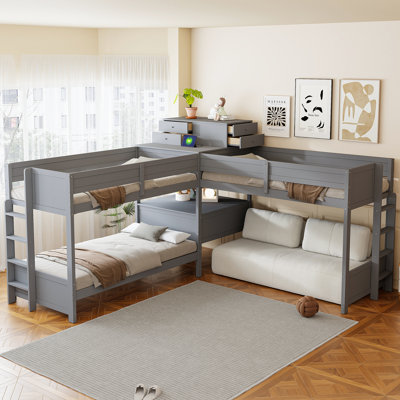 Twin L-Shaped Bunk Bed with Built-in Desk, 4 Drawers, USB & Power Outlet for Kids, Grey