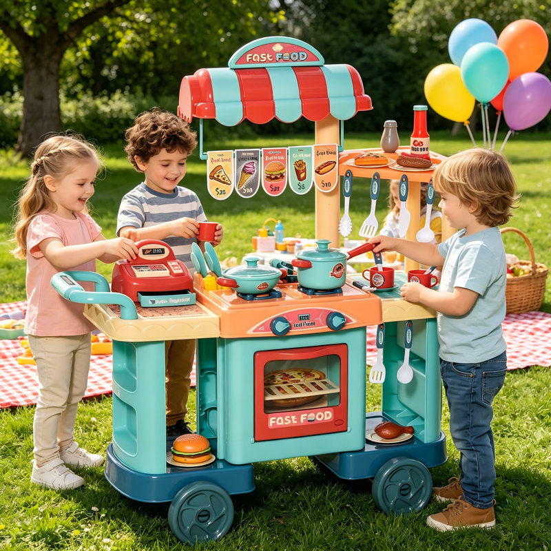 Kids Kitchen Food Stand with Play Food, Cash Register & Accessories – Pretend Play Set for Ages 3-6