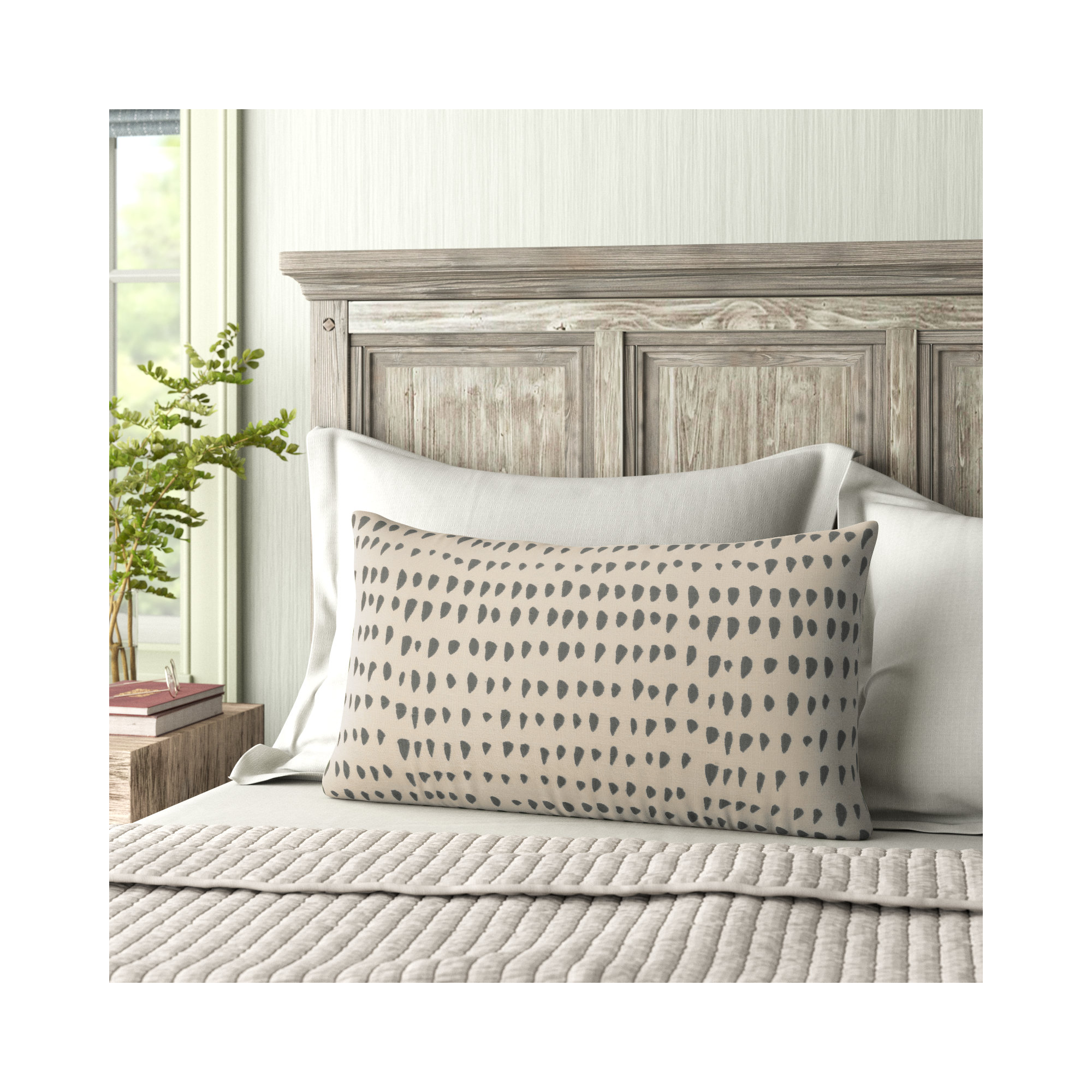 Fabray Embroidered Cotton Lumbar Throw Pillow, Gray/Natural