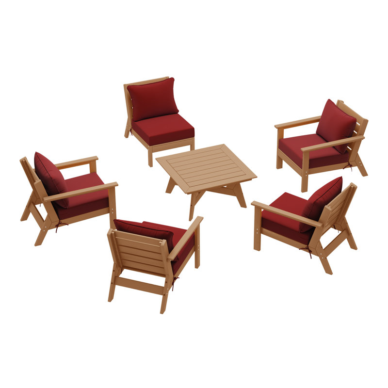 6-Piece Deep Seating Set, Red, Teak
